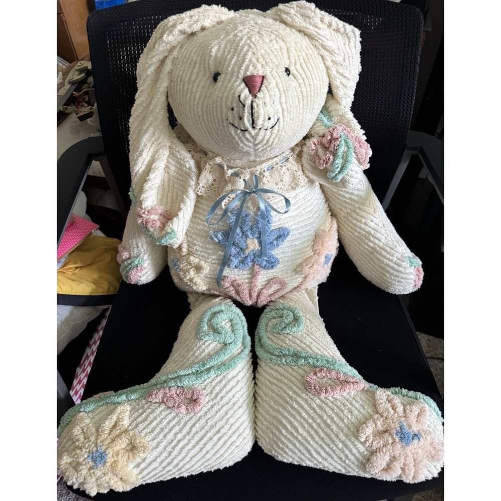 Vtg Large Handmade Chenille Bunny with Flowers Dainty Crocheted Collar w/Ribbon